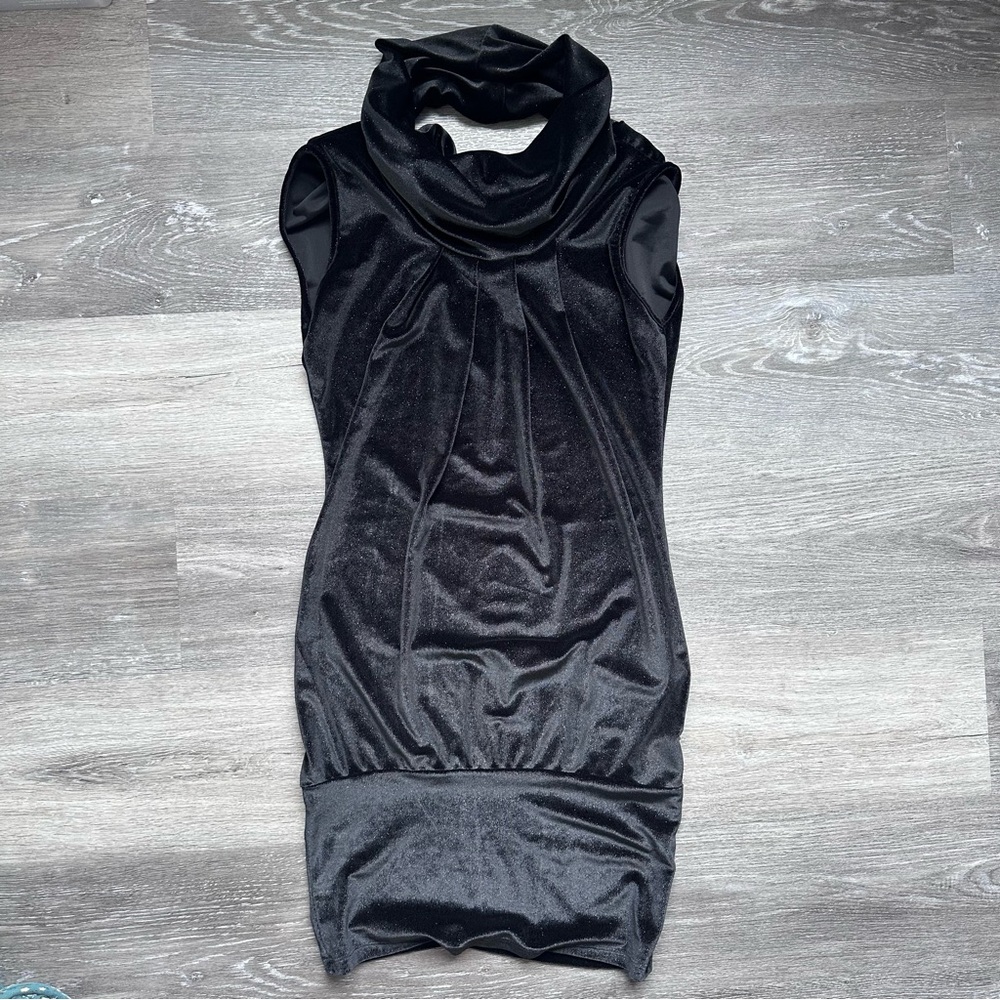 Black Sleeveless Velvet Mini Dress w/ Cowl Neck